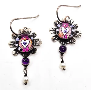 Millodot Jane Carpenter reverse painted artisan vintage sterling silver heart earrings
