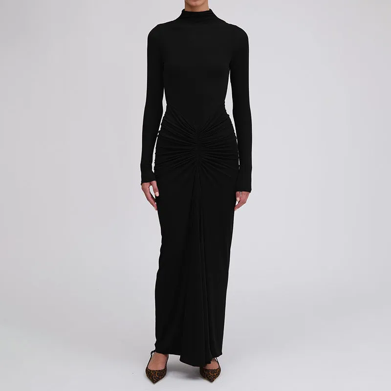 MOMENTLOVER 2025 dresses New autumn new temperament solid color pleated waist slim hip dress dress