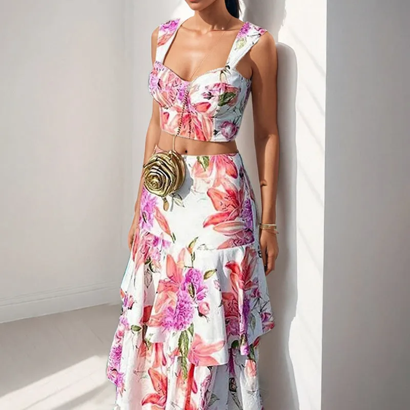 MOMENTLOVER 2025 women's clothing 2025 spring new temperament printed suspender top lotus leaf skirt fashion suit