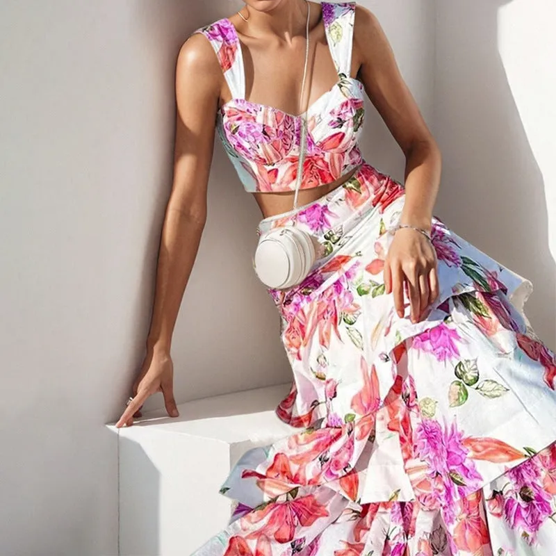 MOMENTLOVER 2025 women's clothing 2025 spring new temperament printed suspender top lotus leaf skirt fashion suit