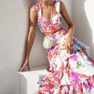 MOMENTLOVER 2025 women's clothing 2025 spring new temperament printed suspender top lotus leaf skirt fashion suit