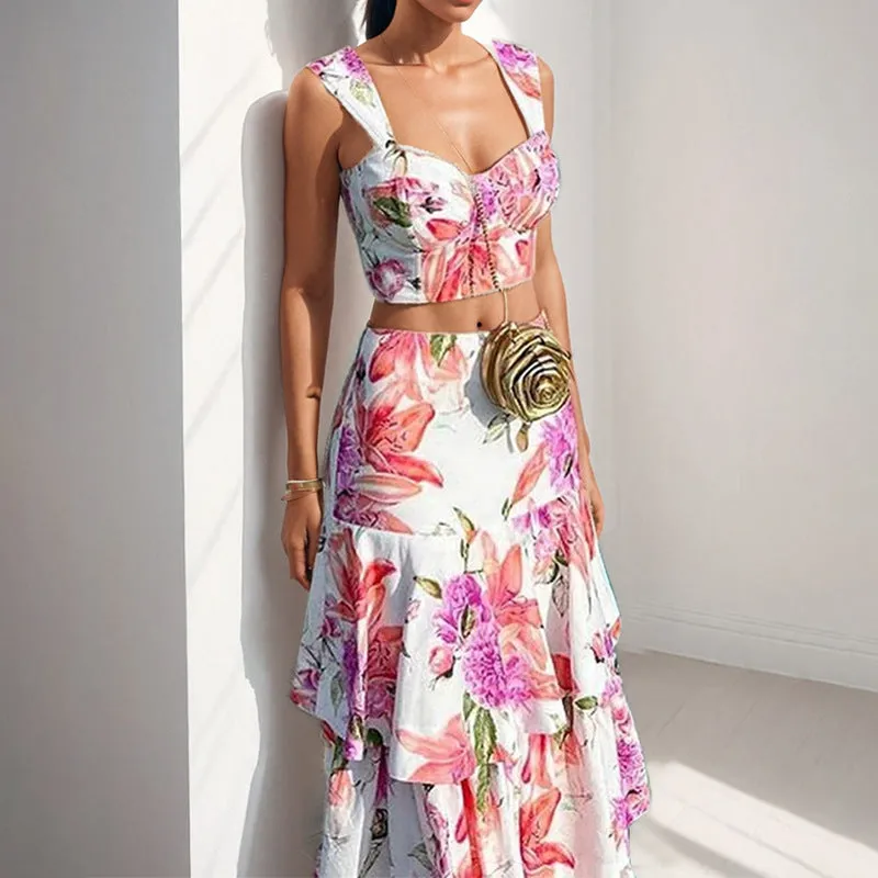 MOMENTLOVER 2025 women's clothing 2025 spring new temperament printed suspender top lotus leaf skirt fashion suit