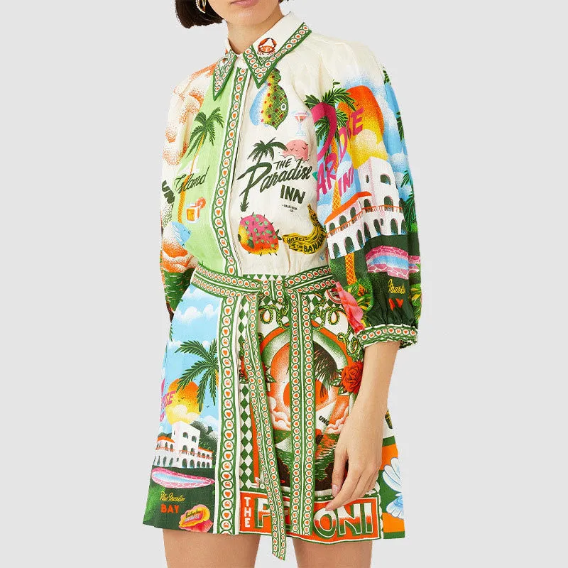 MOMENTLOVER 2025 women's New autumn dress new casual fashion printed cardigan temperament versatile lace-up dress