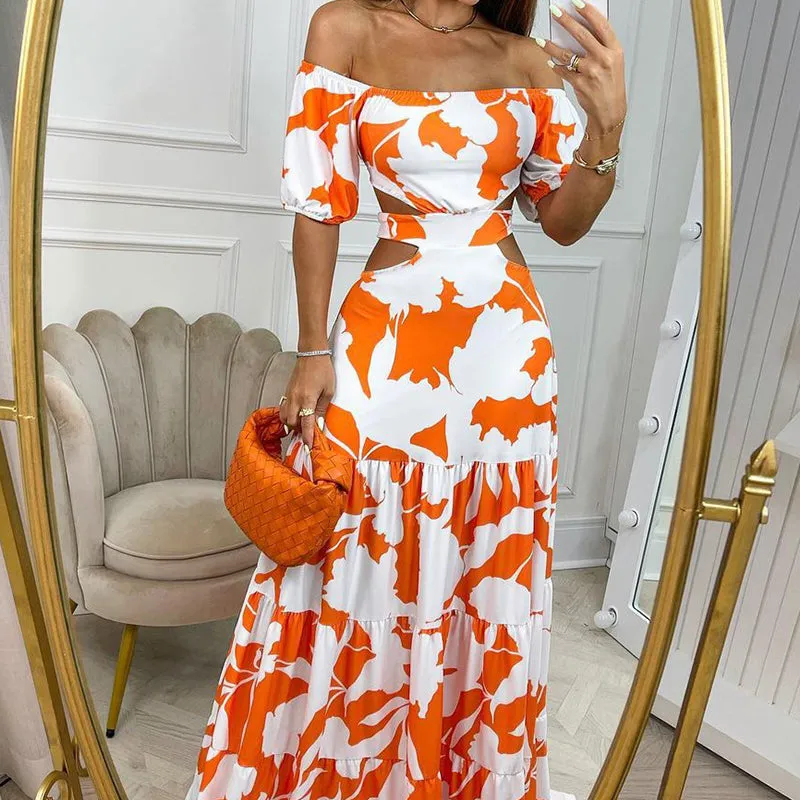 MOMENTLOVER eBay autumn  New independent station 2025 women's clothing commuter printing elegant temperament hollow pendulum dress