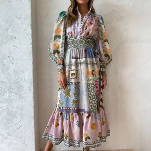 MOMENTLOVER New 2025 trade autumn new 2025 women's clothing temperament elegant printing and painting fashion long-sleeved dress