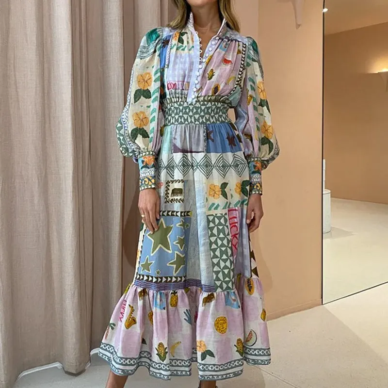 MOMENTLOVER New 2025 trade autumn new 2025 women's clothing temperament elegant printing and painting fashion long-sleeved dress