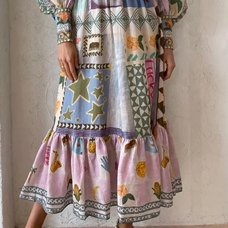 MOMENTLOVER New 2025 trade autumn new 2025 women's clothing temperament elegant printing and painting fashion long-sleeved dress