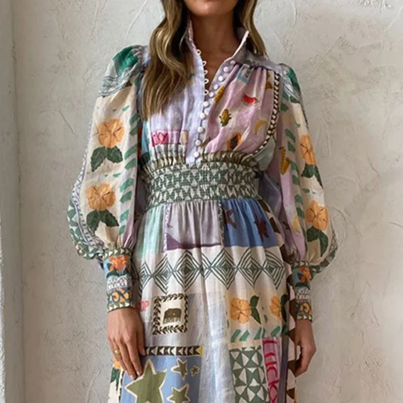 MOMENTLOVER New 2025 trade autumn new 2025 women's clothing temperament elegant printing and painting fashion long-sleeved dress