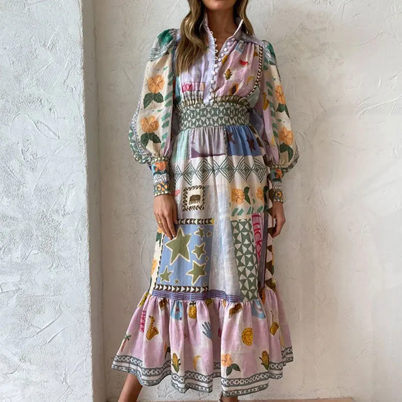 MOMENTLOVER New 2025 trade autumn new 2025 women's clothing temperament elegant printing and painting fashion long-sleeved dress