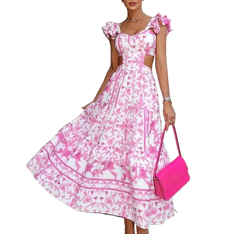 MOMENTLOVER New autumn 2025 women's clothing new Feifei sleeves printed women's clothing temperament elegant hollow waist pendulum dress
