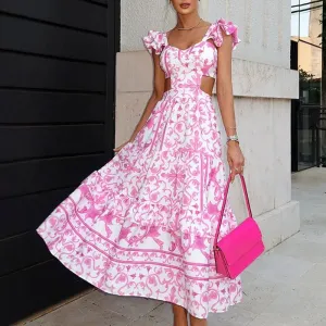 MOMENTLOVER New autumn 2025 women's clothing new Feifei sleeves printed women's clothing temperament elegant hollow waist pendulum dress