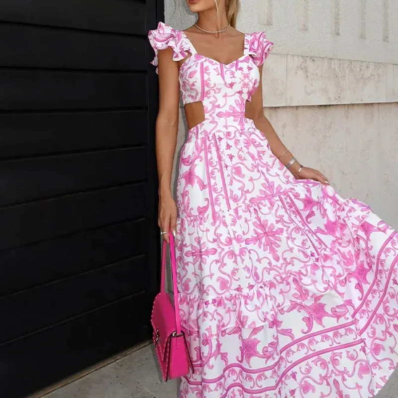 MOMENTLOVER New autumn 2025 women's clothing new Feifei sleeves printed women's clothing temperament elegant hollow waist pendulum dress