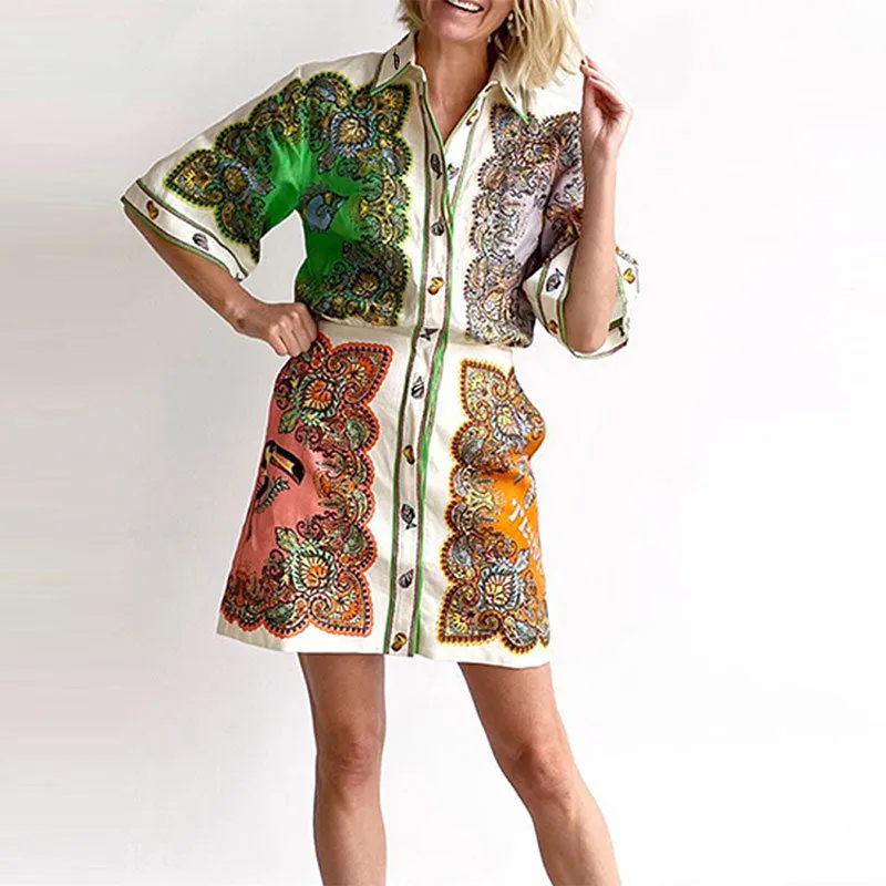 MOMENTLOVER New autumn and winter dress  2025 women's clothing new temperament printed lapel single-breasted fashion dress