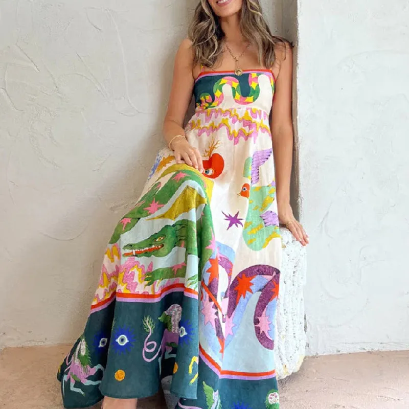 MOMENTLOVER New autumn dress  women's new temperament elegant high waist printing fashion suspender dress