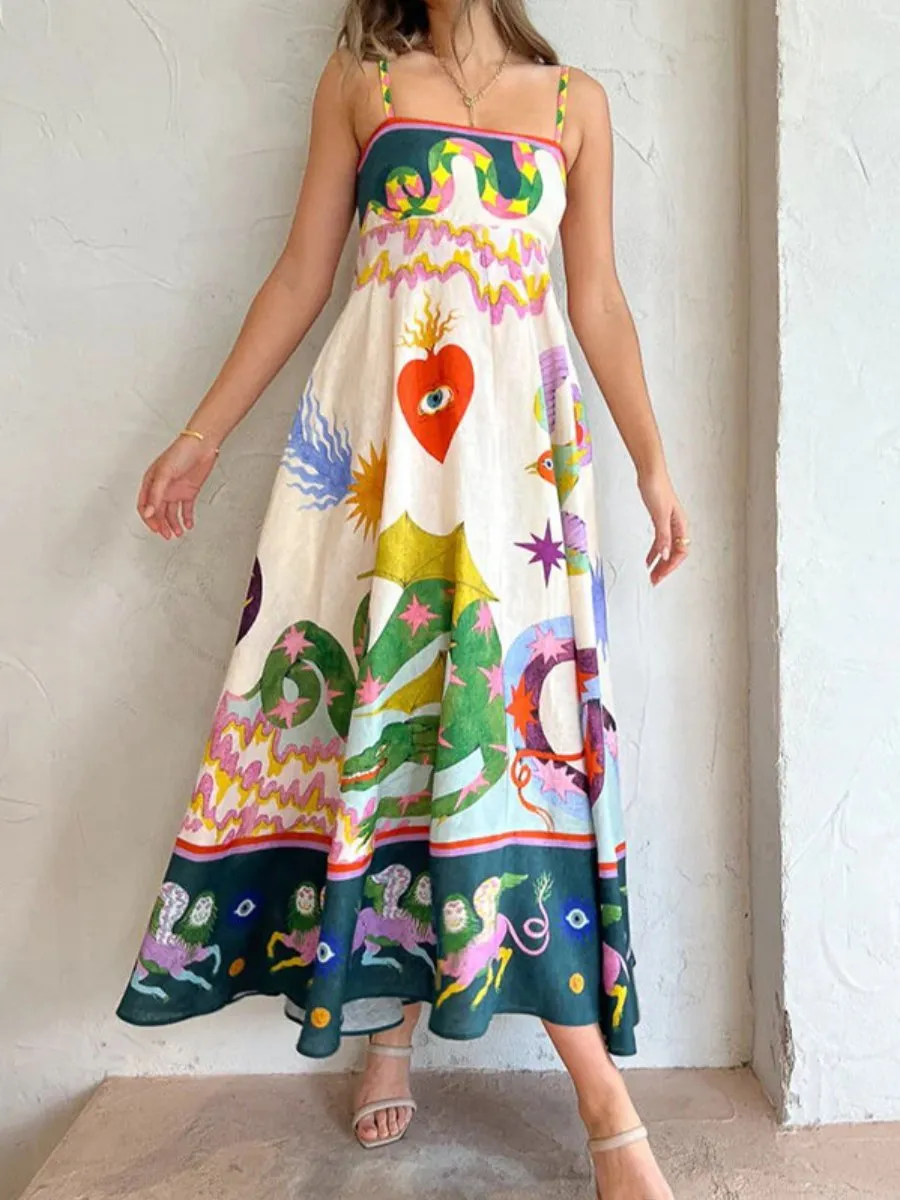 MOMENTLOVER New autumn dress  women's new temperament elegant high waist printing fashion suspender dress