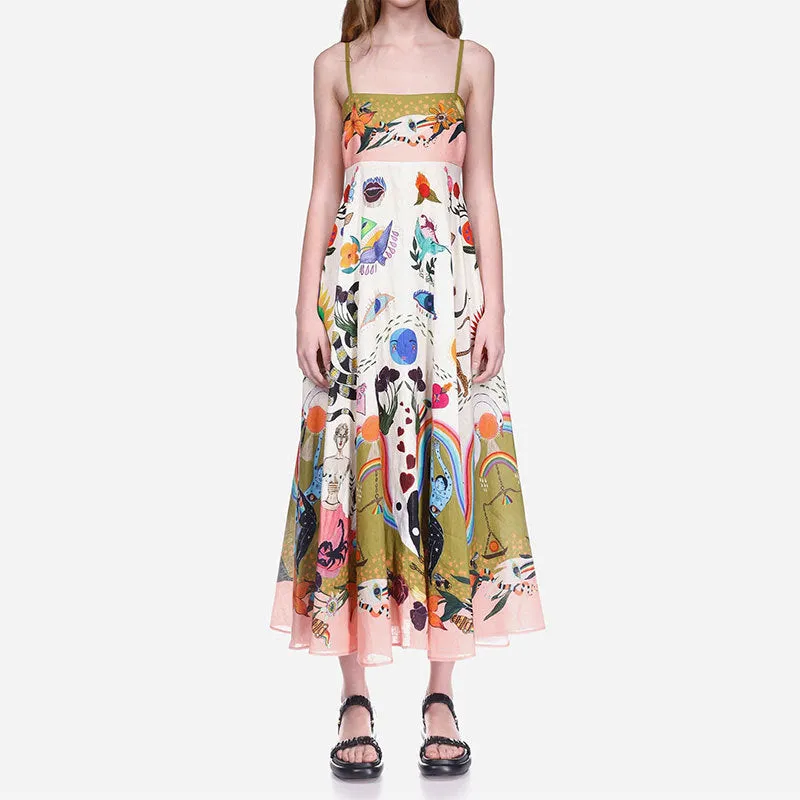 MOMENTLOVER New autumn dress  women's new temperament elegant high waist printing fashion suspender dress