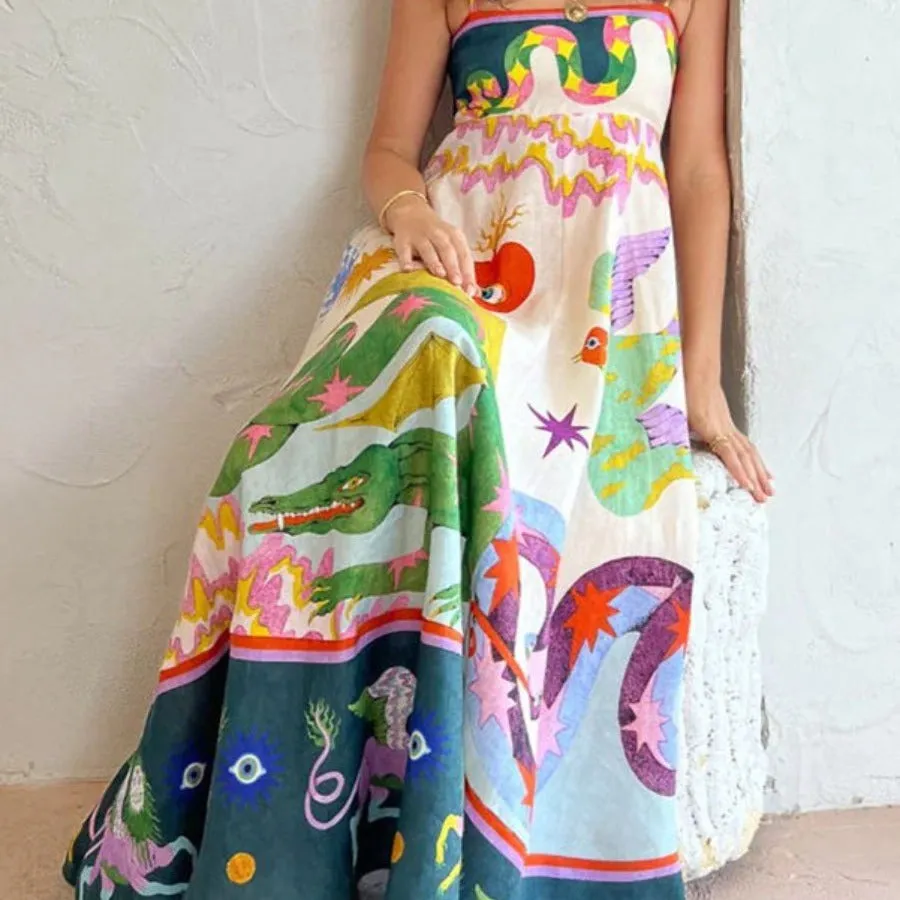 MOMENTLOVER New autumn dress  women's new temperament elegant high waist printing fashion suspender dress