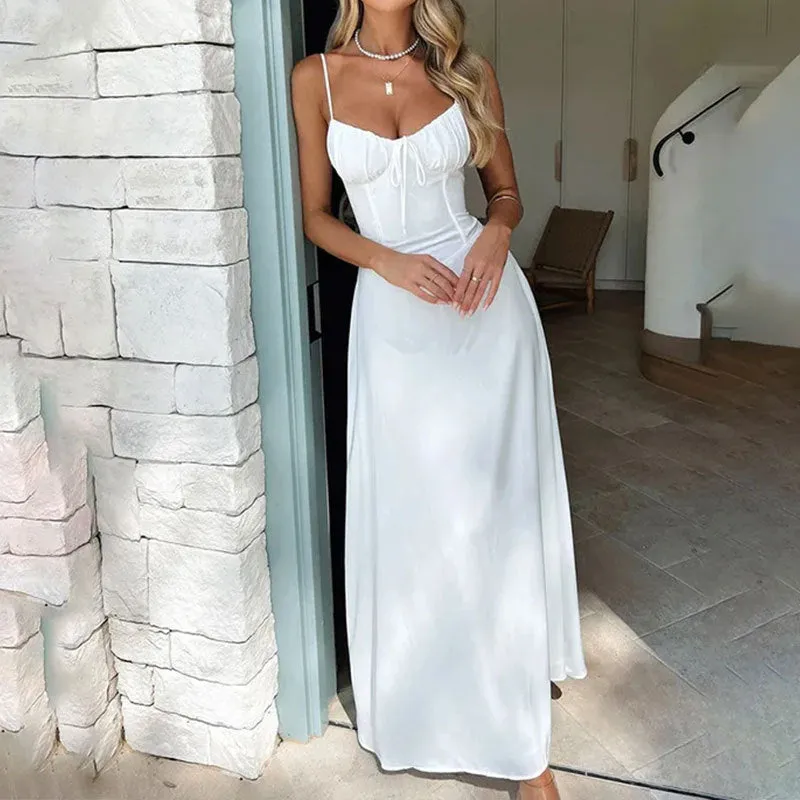 MOMENTLOVER New autumn independent station new  2025 women's clothing temperament elegant solid color suspender A-shaped dress dress