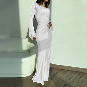 MOMENTLOVER New  new 2025 women's clothing mercerized large skirt evening dress elegant temperament round neck long-sleeved dress