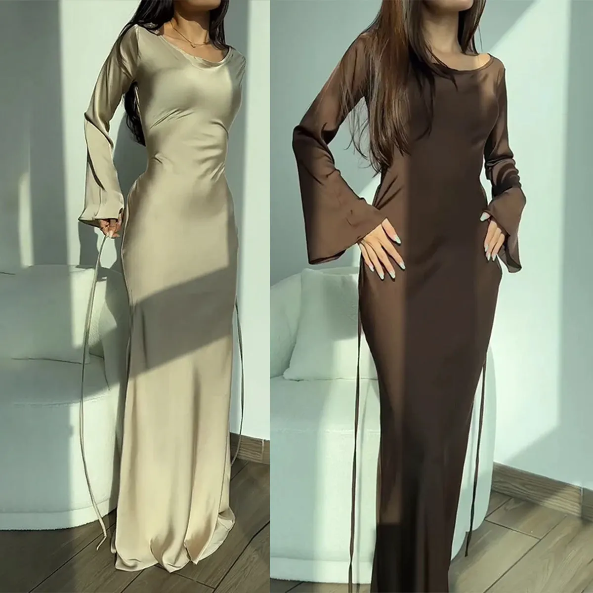 MOMENTLOVER New  new 2025 women's clothing mercerized large skirt evening dress elegant temperament round neck long-sleeved dress