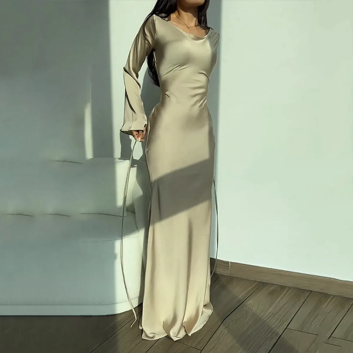 MOMENTLOVER New  new 2025 women's clothing mercerized large skirt evening dress elegant temperament round neck long-sleeved dress