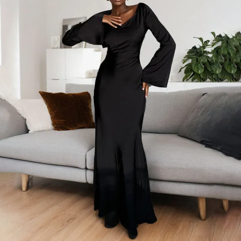 MOMENTLOVER New  new 2025 women's clothing mercerized large skirt evening dress elegant temperament round neck long-sleeved dress