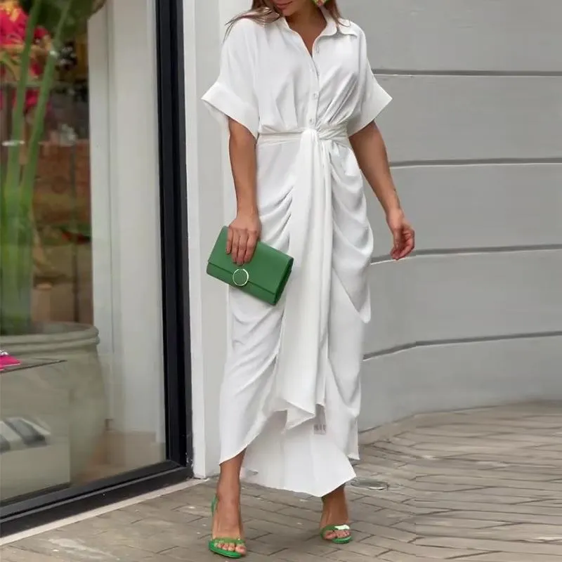 MOMENTLOVER New winter 2025  women's clothing INS temperament commuter shirt collar short sleeve waist pleated shirt dress