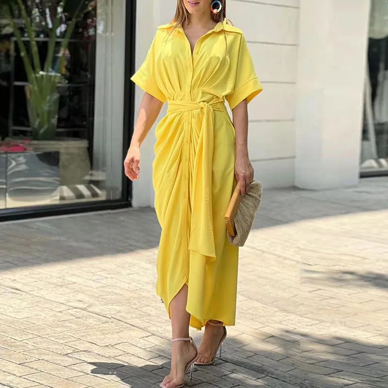 MOMENTLOVER New winter 2025  women's clothing INS temperament commuter shirt collar short sleeve waist pleated shirt dress