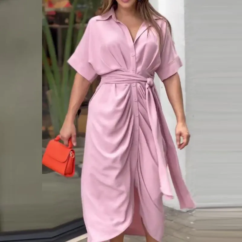 MOMENTLOVER New winter 2025  women's clothing INS temperament commuter shirt collar short sleeve waist pleated shirt dress