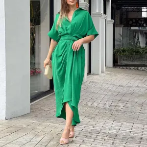 MOMENTLOVER New winter 2025  women's clothing INS temperament commuter shirt collar short sleeve waist pleated shirt dress