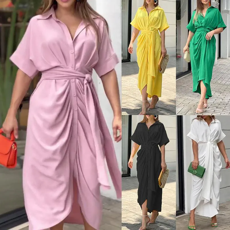 MOMENTLOVER New winter 2025  women's clothing INS temperament commuter shirt collar short sleeve waist pleated shirt dress