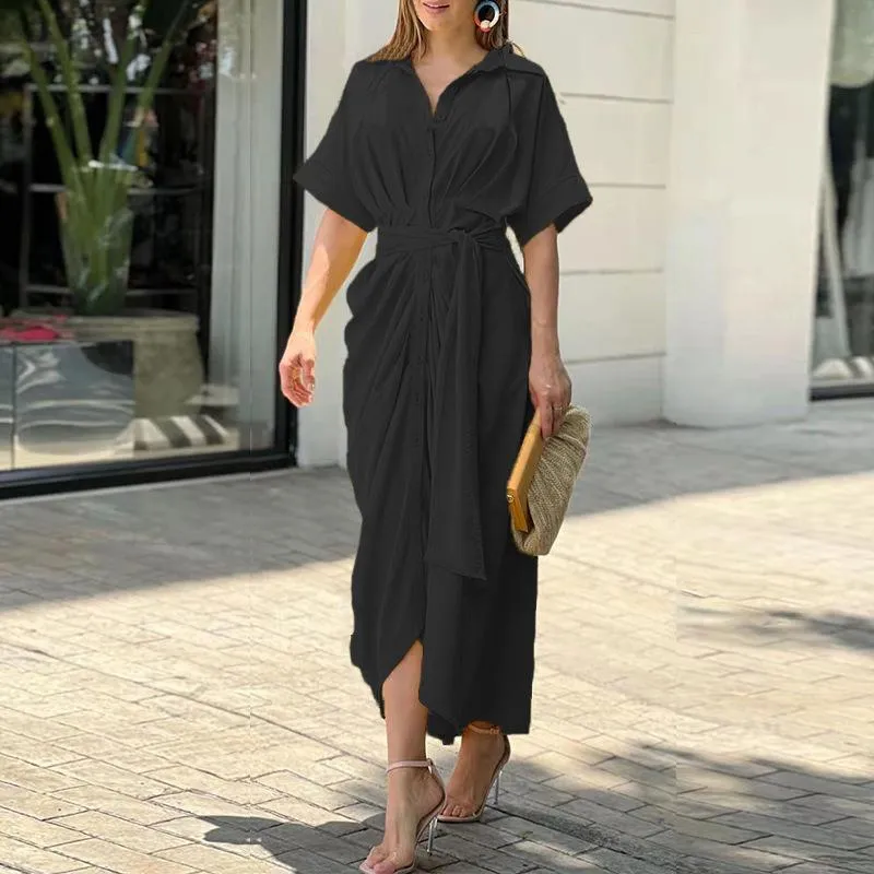MOMENTLOVER New winter 2025  women's clothing INS temperament commuter shirt collar short sleeve waist pleated shirt dress
