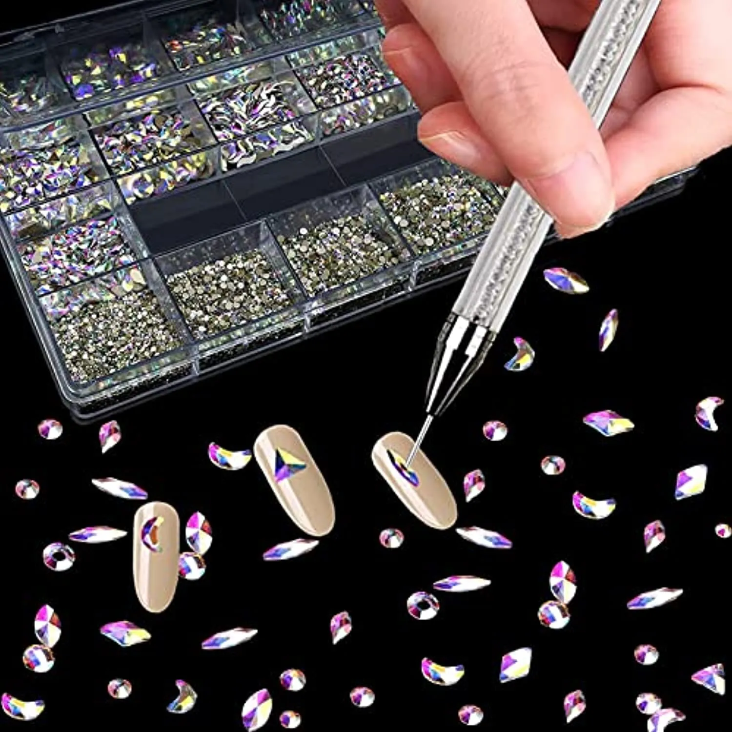 MRTREUP Nail Rhinestones Kit，3830PCS Multi-Shape 3D Glass Crystal AB Rhinestones Flat Back Nail Jewels with Professional Drill Pen for Nail Art DIY Crafts Phones Clothes Jewelry Bag Decoration