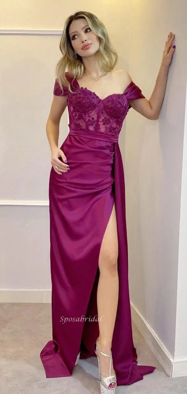Mulberry Off-shoulder Sexy Lace Top Side-slit Mermaid Long Prom Dress, PD3534