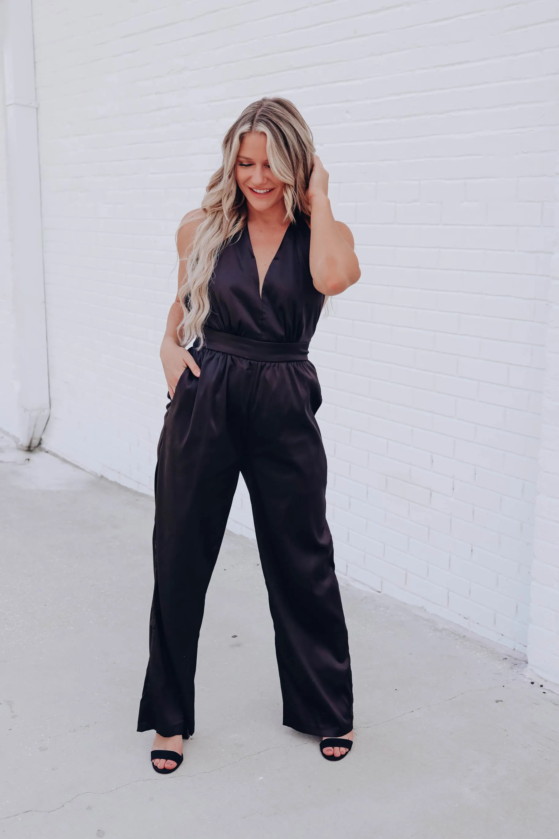 My Time Satin Halter Jumpsuit - Black