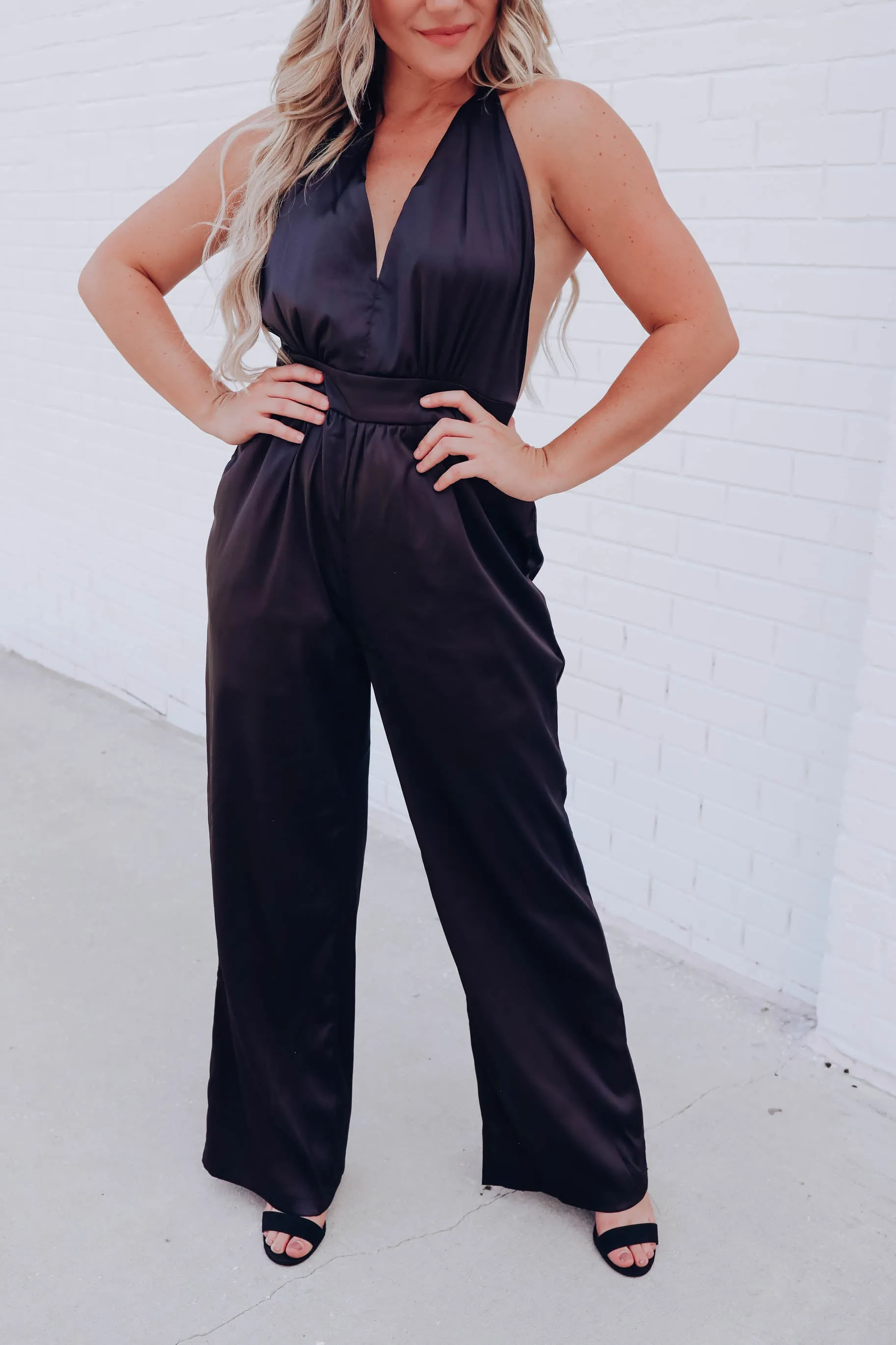 My Time Satin Halter Jumpsuit - Black