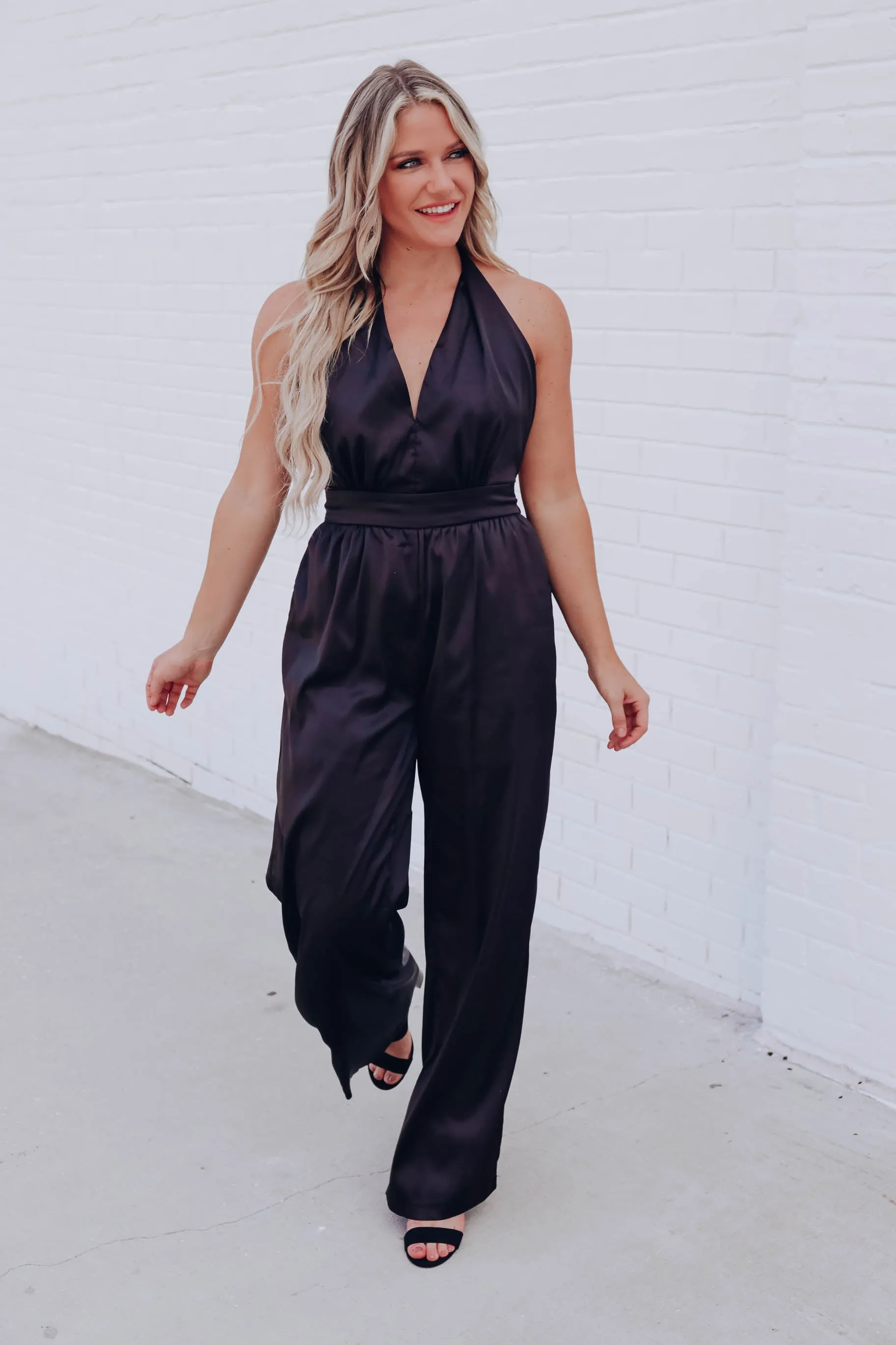 My Time Satin Halter Jumpsuit - Black