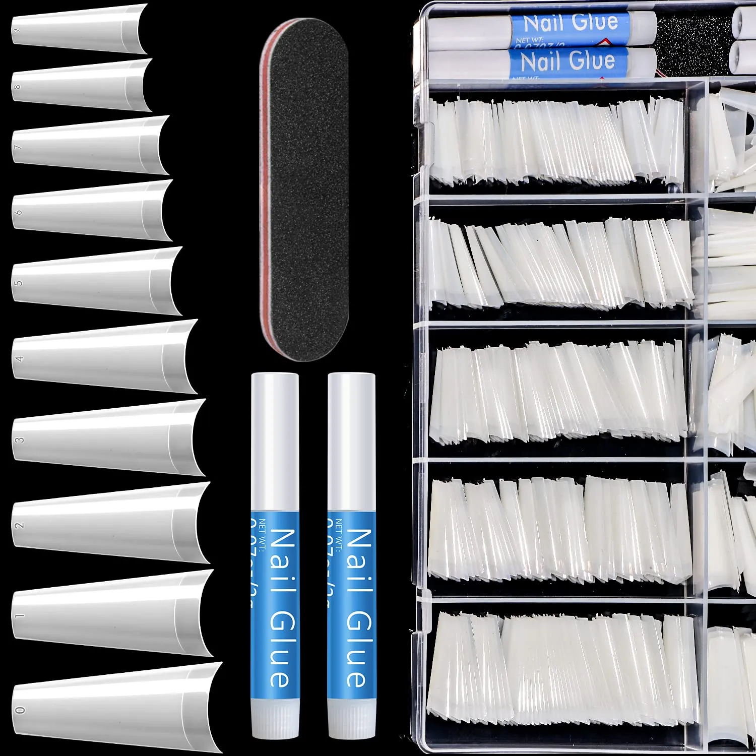 Nail Tips Fake Nails Kit - Ejiubas Nail Tips And Glue 500PCS Clear Nail Tips Cofffin Nail Tips Acrylic Nail Tips 4PCS Nail Glues 1PC Nail File With Case for Nail Salons and DIY Nail Art, 10 Sizes
