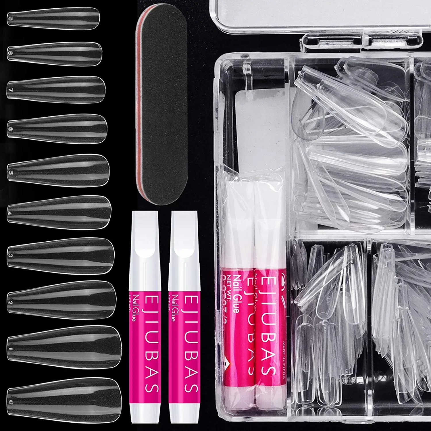 Nail Tips Fake Nails Kit - Ejiubas Nail Tips And Glue 500PCS Clear Nail Tips Cofffin Nail Tips Acrylic Nail Tips 4PCS Nail Glues 1PC Nail File With Case for Nail Salons and DIY Nail Art, 10 Sizes