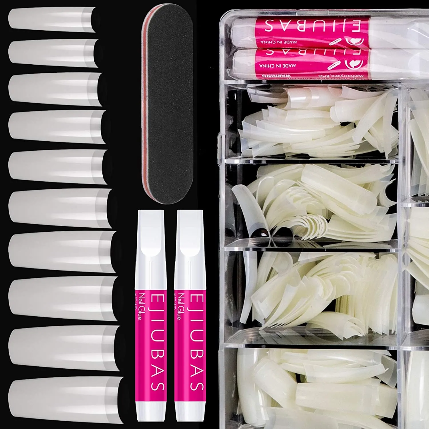 Nail Tips Fake Nails Kit - Ejiubas Nail Tips And Glue 500PCS Clear Nail Tips Cofffin Nail Tips Acrylic Nail Tips 4PCS Nail Glues 1PC Nail File With Case for Nail Salons and DIY Nail Art, 10 Sizes