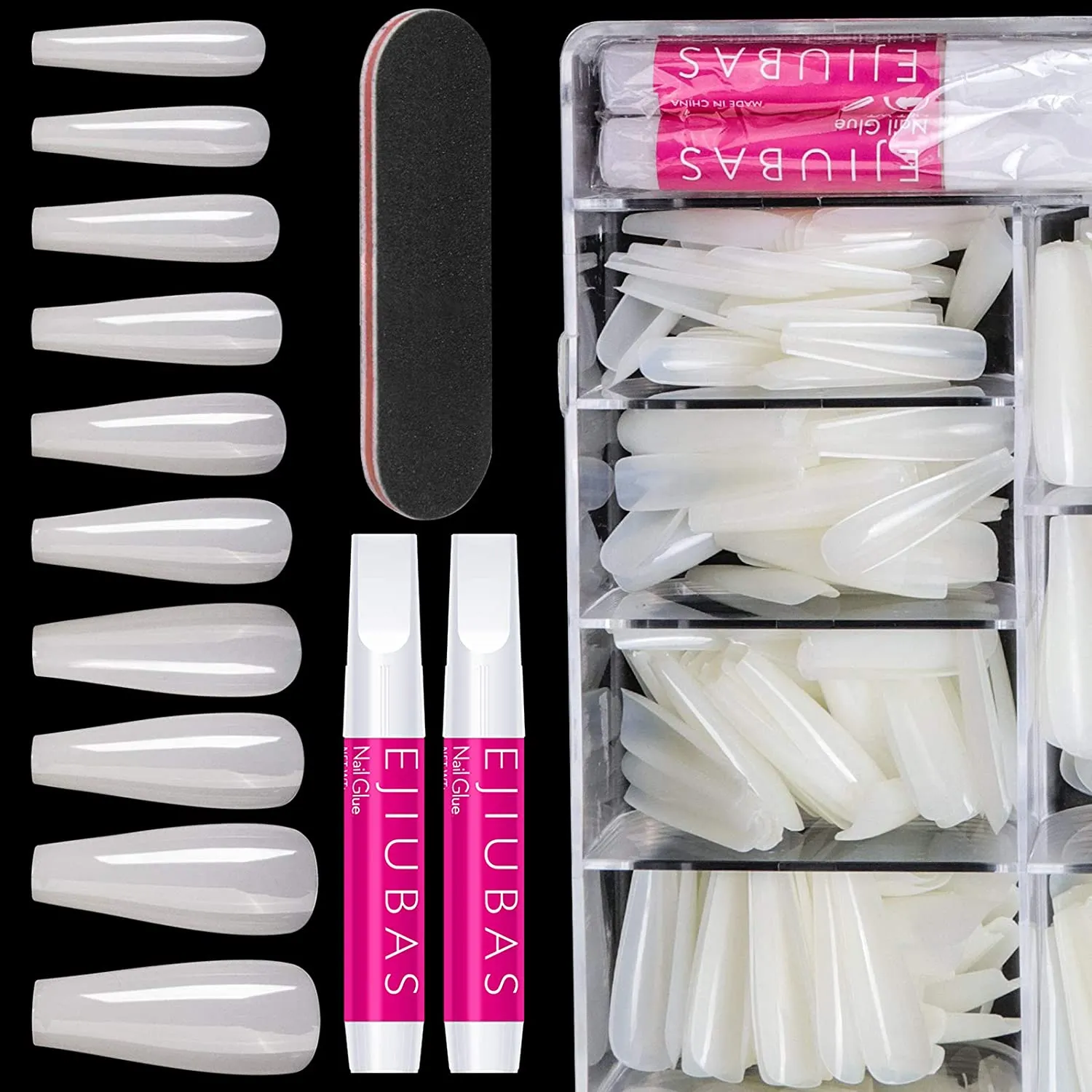 Nail Tips Fake Nails Kit - Ejiubas Nail Tips And Glue 500PCS Clear Nail Tips Cofffin Nail Tips Acrylic Nail Tips 4PCS Nail Glues 1PC Nail File With Case for Nail Salons and DIY Nail Art, 10 Sizes