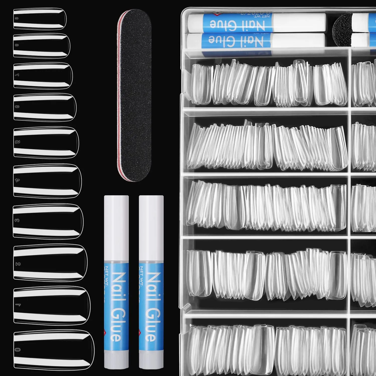 Nail Tips Fake Nails Kit - Ejiubas Nail Tips And Glue 500PCS Clear Nail Tips Cofffin Nail Tips Acrylic Nail Tips 4PCS Nail Glues 1PC Nail File With Case for Nail Salons and DIY Nail Art, 10 Sizes