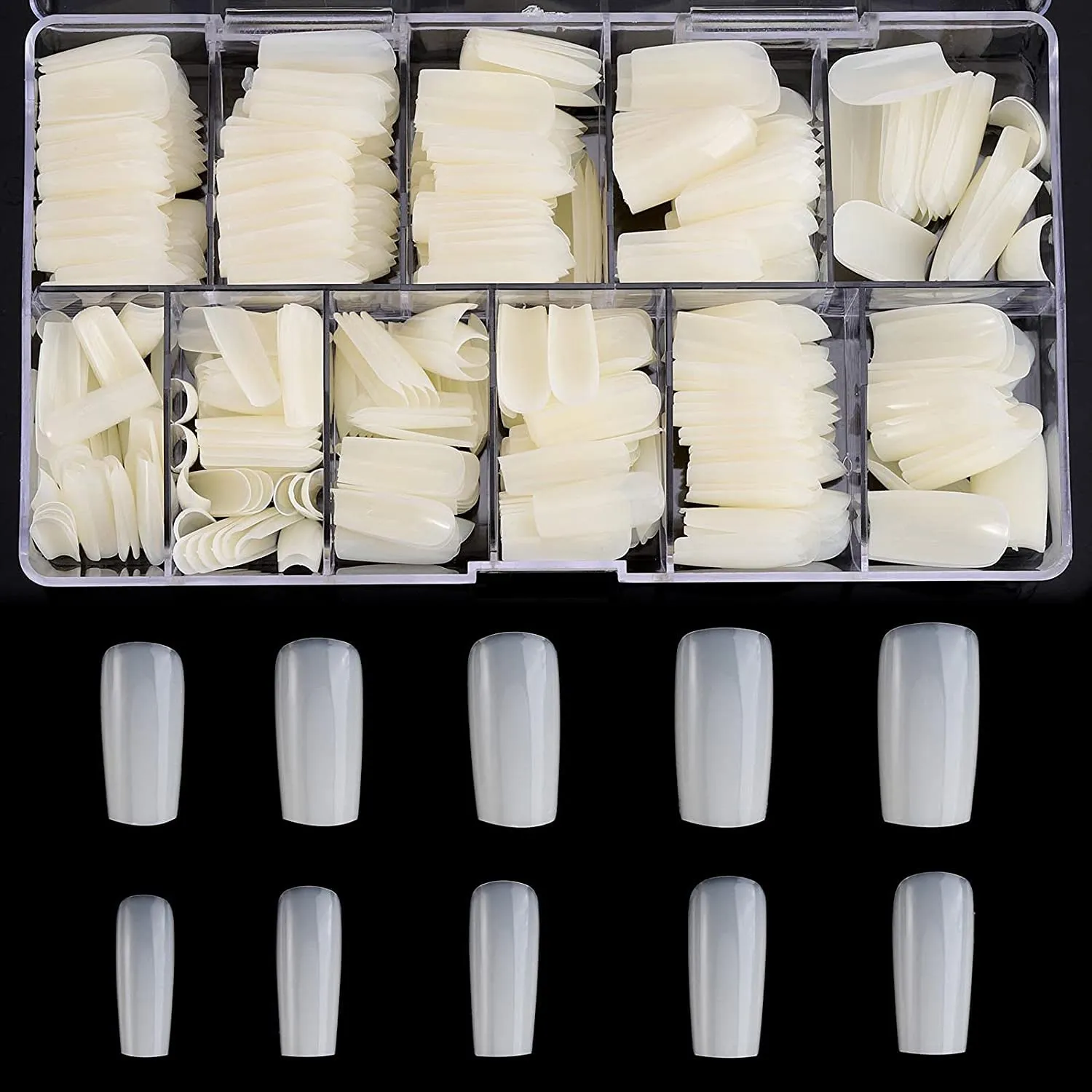 Nail Tips Fake Nails Kit - Ejiubas Nail Tips And Glue 500PCS Clear Nail Tips Cofffin Nail Tips Acrylic Nail Tips 4PCS Nail Glues 1PC Nail File With Case for Nail Salons and DIY Nail Art, 10 Sizes