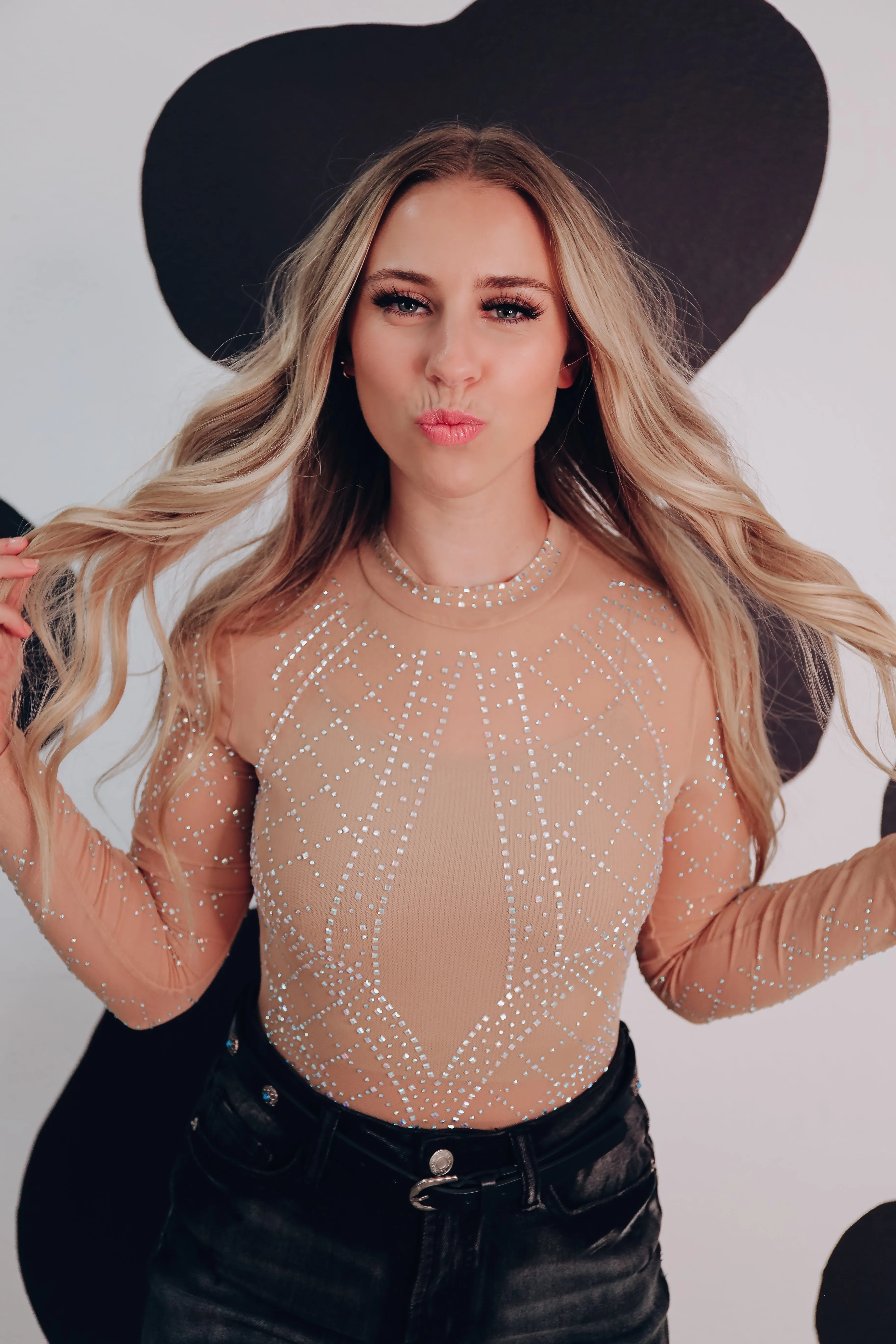 Natural Sparkle Mesh Bodysuit - Beige