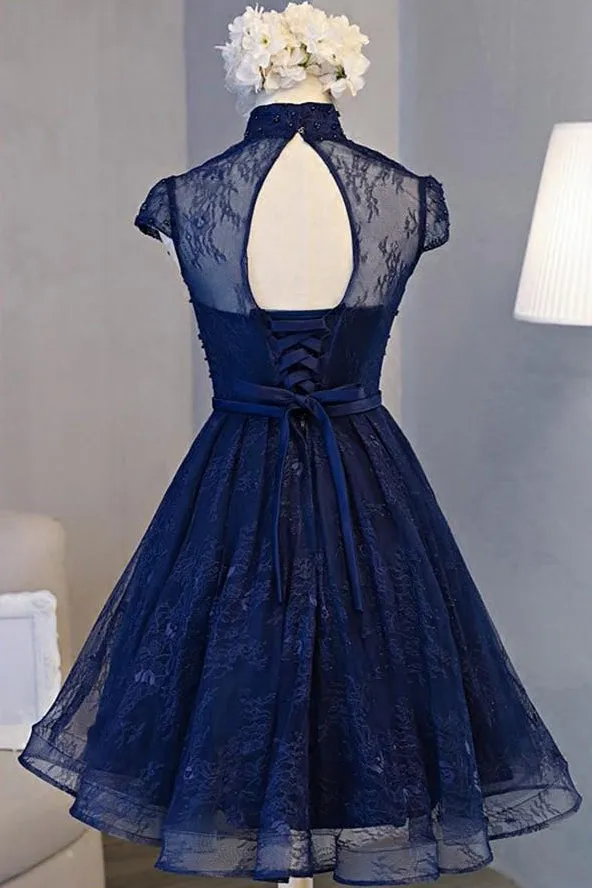 Navy Blue Lace Retro A-line High Neck Short Sleeve Knee-length Homecoming Dress, SH380
