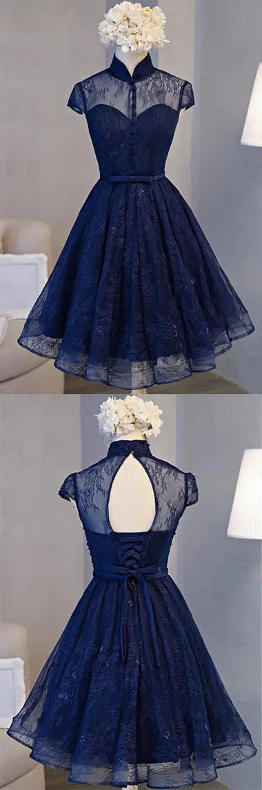 Navy Blue Lace Retro A-line High Neck Short Sleeve Knee-length Homecoming Dress, SH380