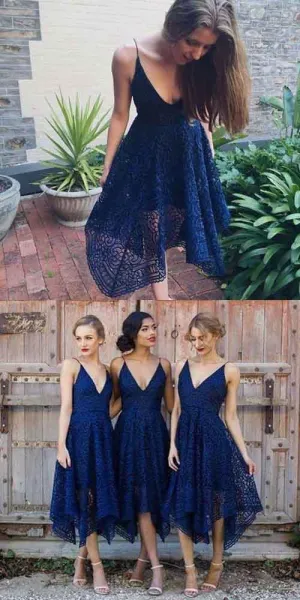 Navy Blue/Pink Deep V-neck Spaghetti Straps Sleeveless Lace A-line Bridesmaid Dress, BD74