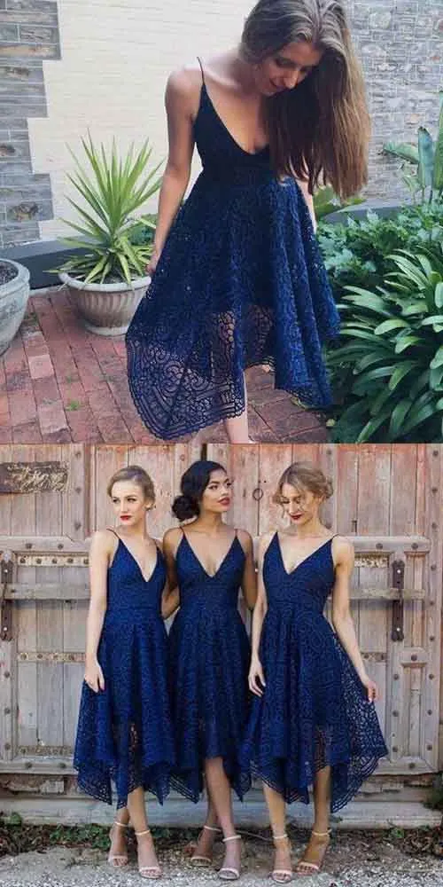 Navy Blue/Pink Deep V-neck Spaghetti Straps Sleeveless Lace A-line Bridesmaid Dress, BD74