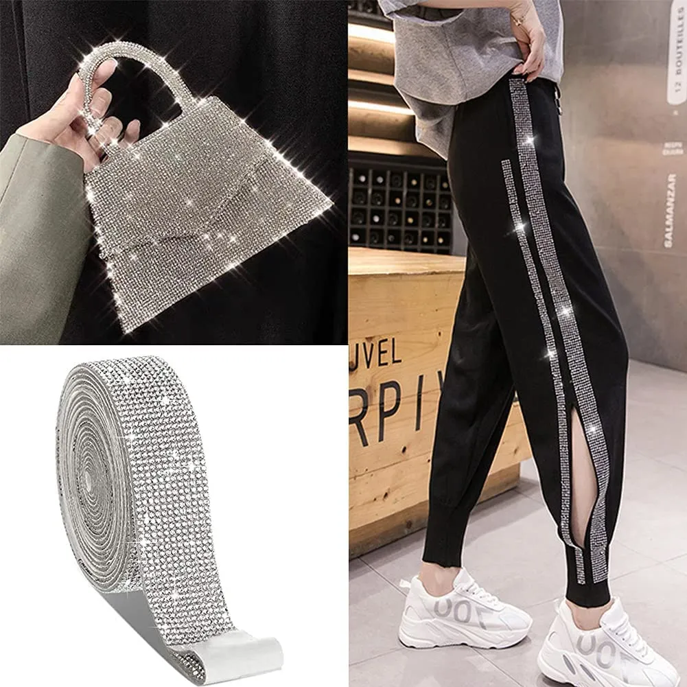 New Crystal Rhinestone Diamond Ribbon 4 Rolls Self-Adhesive Decorative Stickers Rhinestones Ribbon for Photo Frame Crafts DIY Wedding Decorations (4 Yards)