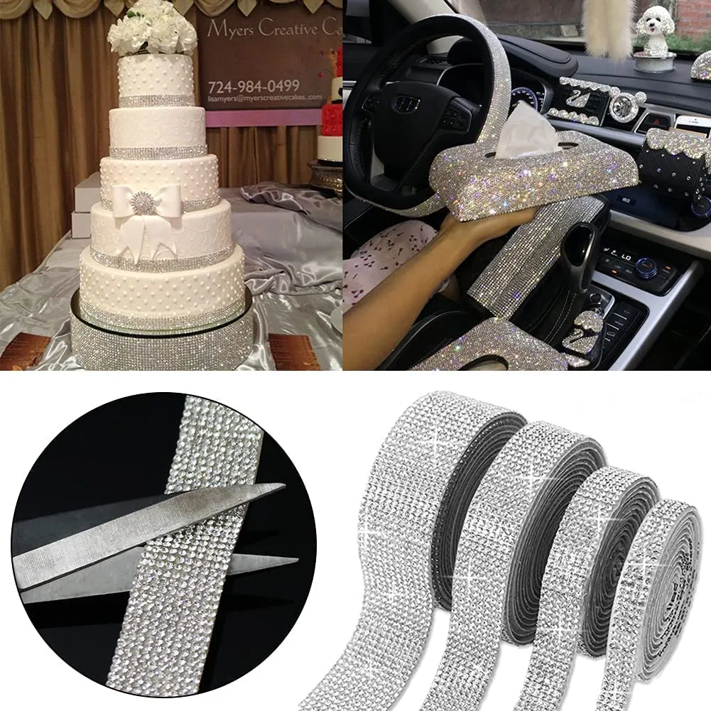 New Crystal Rhinestone Diamond Ribbon 4 Rolls Self-Adhesive Decorative Stickers Rhinestones Ribbon for Photo Frame Crafts DIY Wedding Decorations (4 Yards)